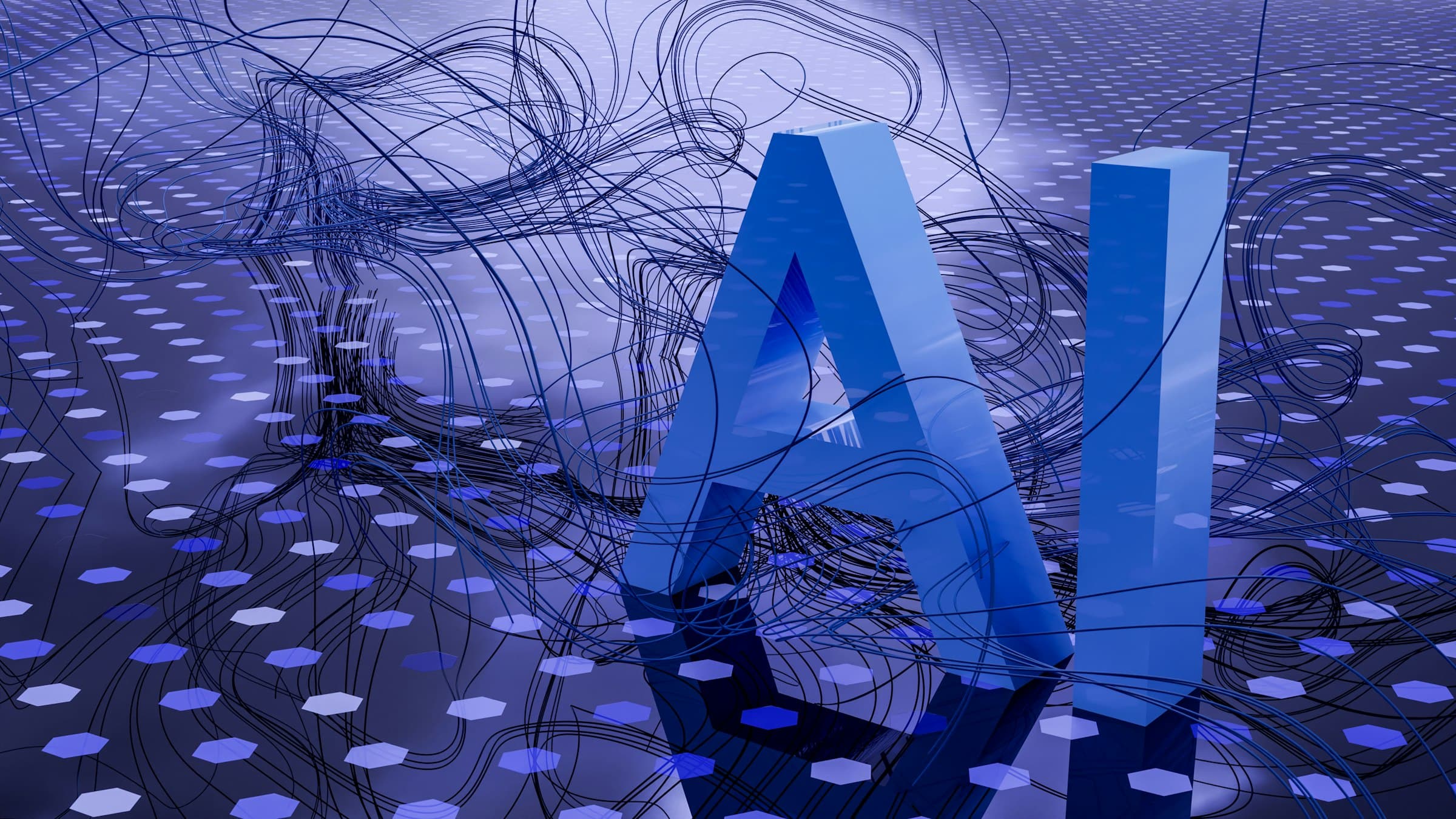 Abstract AI neural network visualization in deep blue and gold